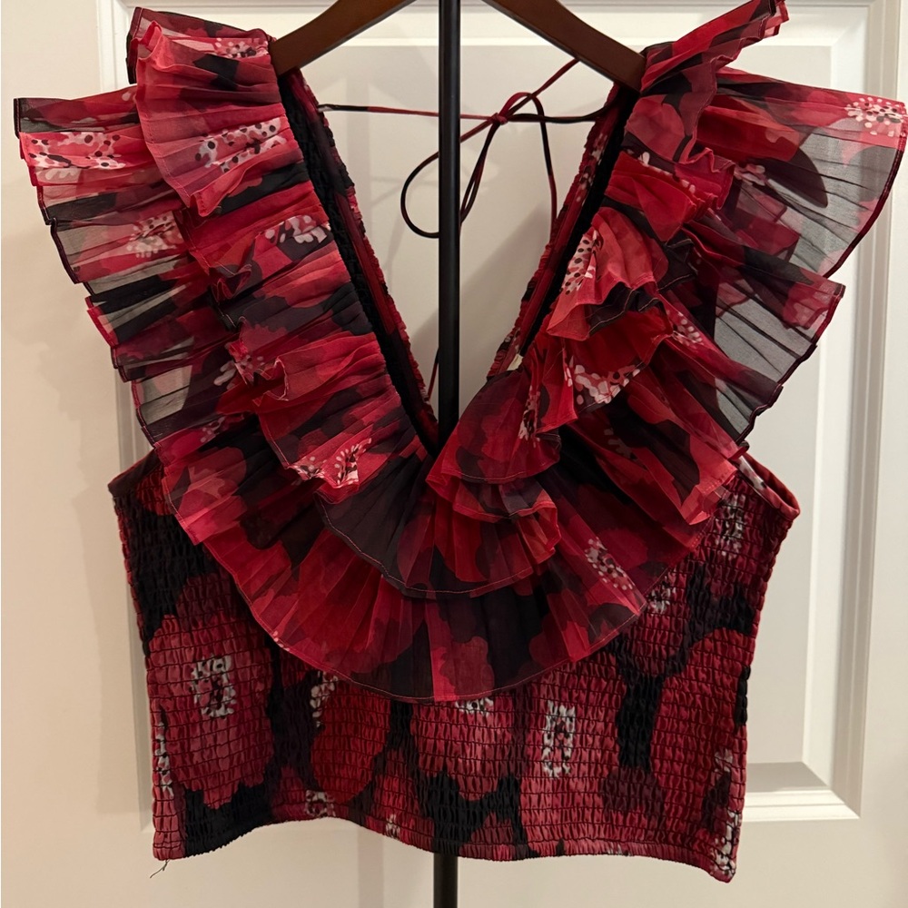Anthropologie Red and Black Ruffled Floral Smocked Crop Top